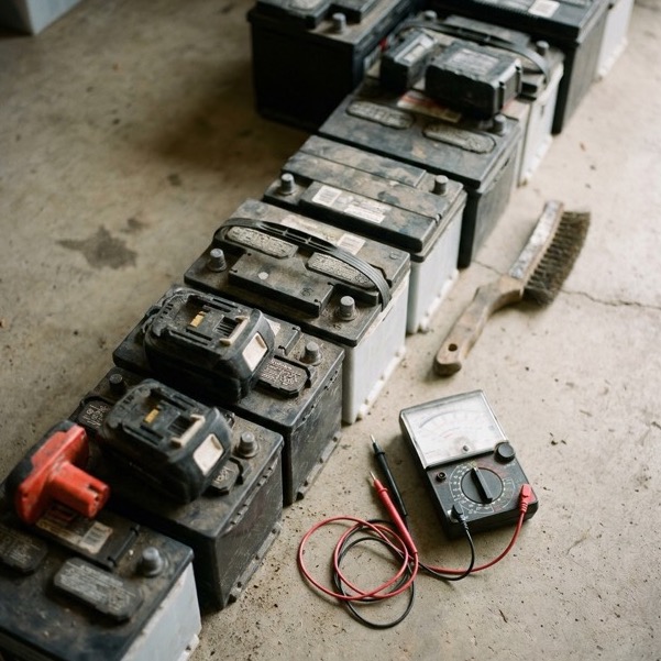 Old batteries and a multimeter on a workshop floor