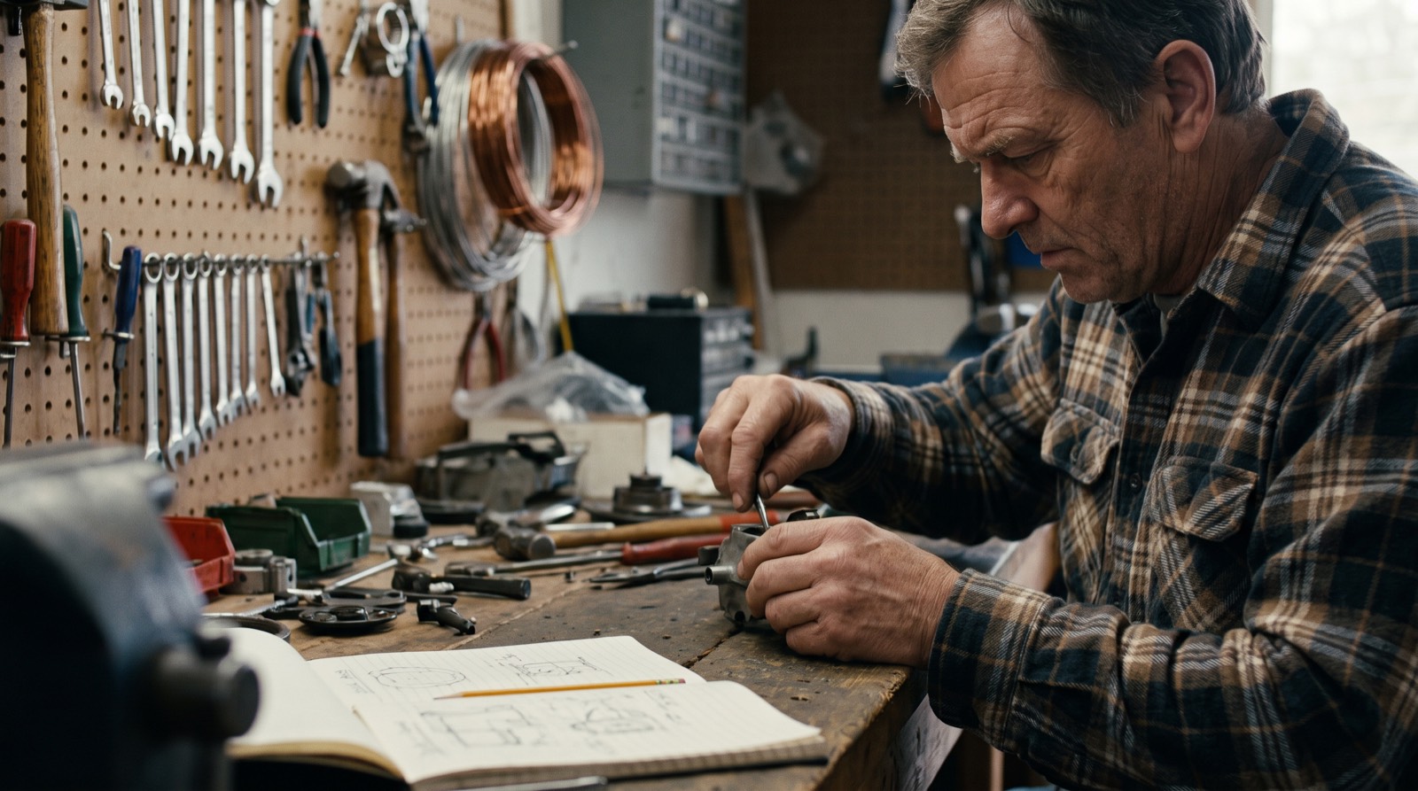 A man in his fifties working at a cluttered home garage workbench in late afternoon light